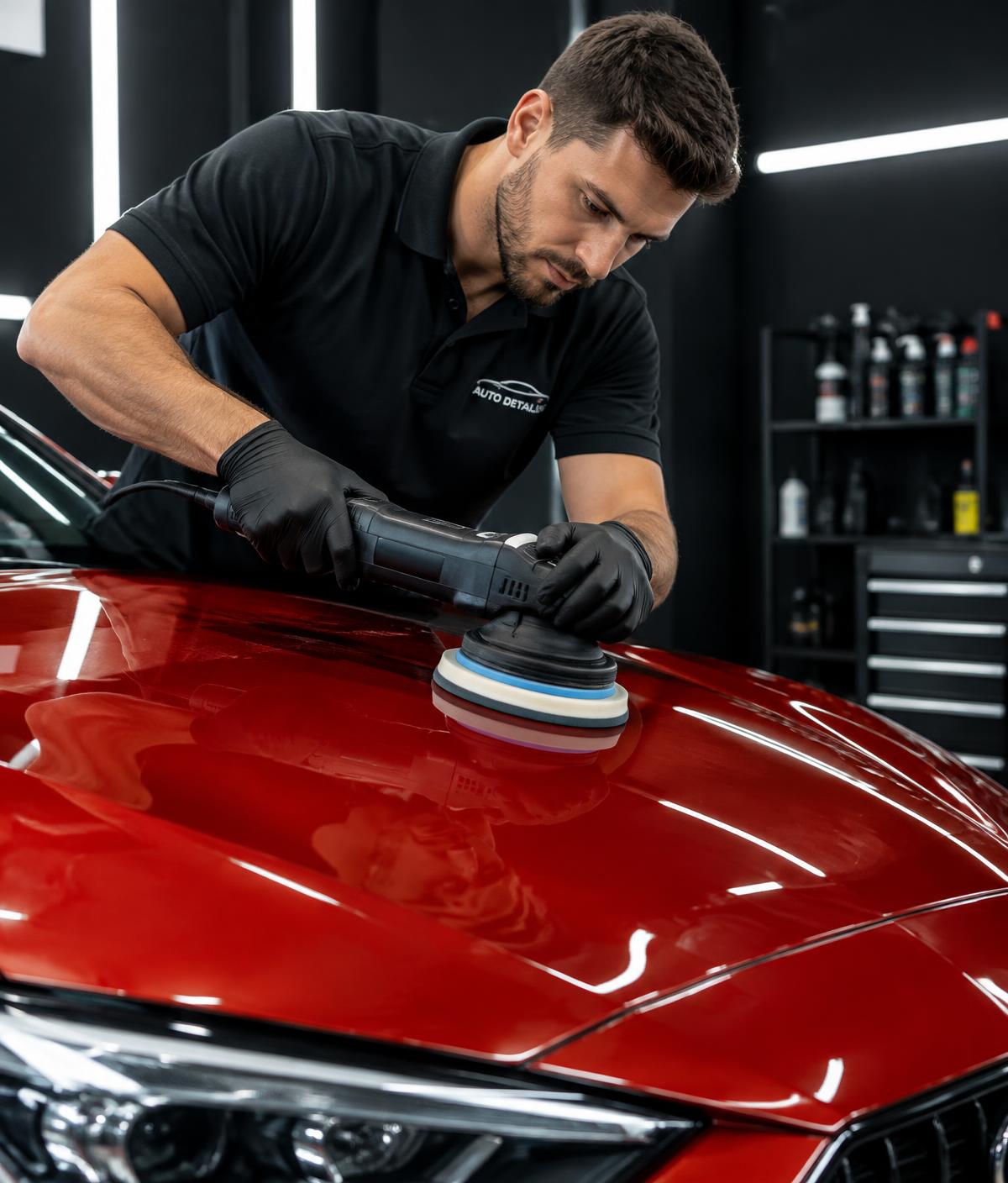 Detailer machine-polishing a red car